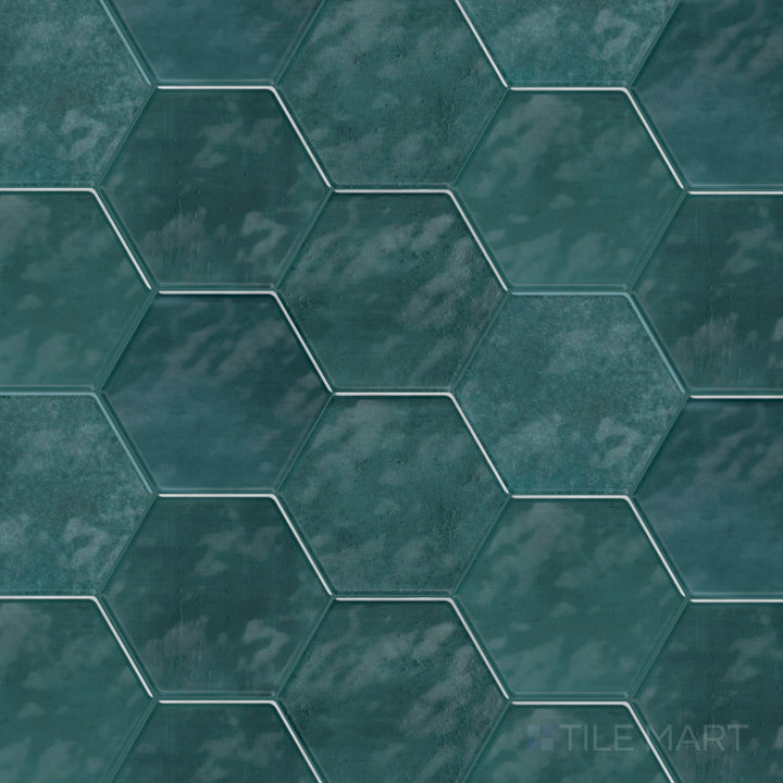 The Mesmerist Mystique 4 inch hex glossy glazed ceramic tile is shown as a full product view emphasizing its hexagon form and glossy glaze