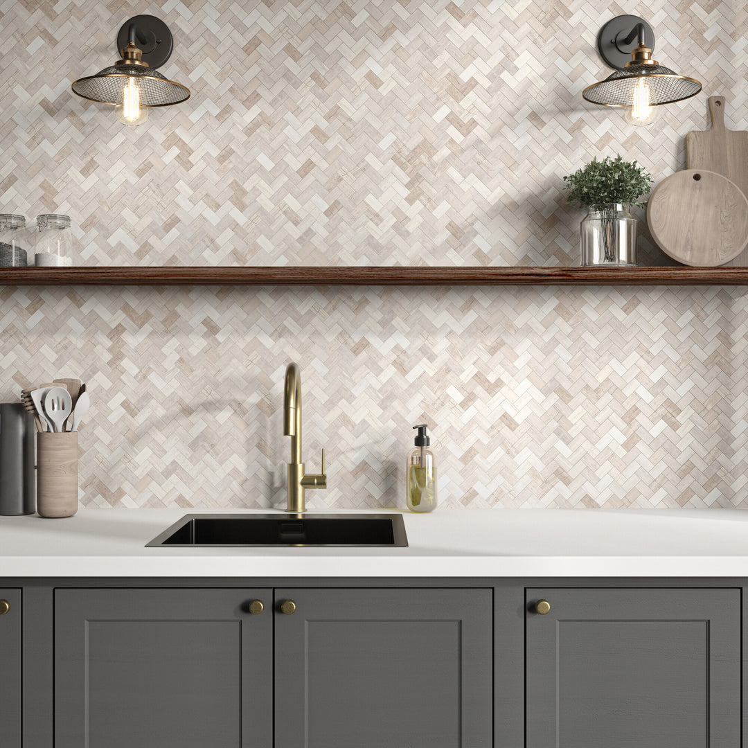 Roomscene showcasing Minute Mosaix Chenille White Herringbone Marble, Limestone Mosaic, delivering timeless elegance with intricate herringbone patterns.