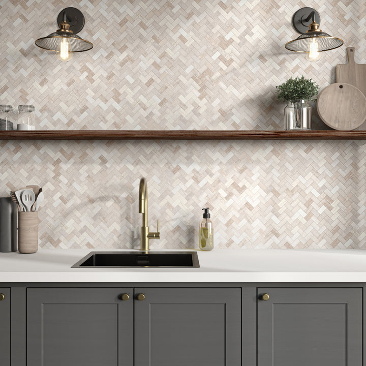 Roomscene showcasing Minute Mosaix Chenille White Herringbone Marble, Limestone Mosaic, delivering timeless elegance with intricate herringbone patterns.