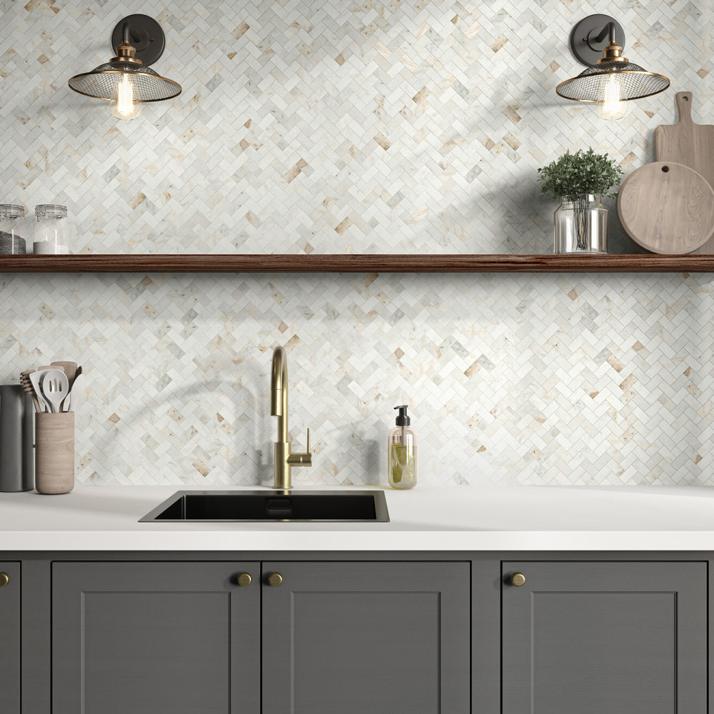 Roomscene highlighting Minute Mosaix Daphne White Herringbone Marble, Limestone Mosaic, offering a sophisticated, interwoven design with soft white hues.
