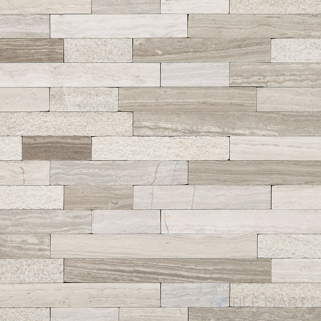 Top-down perspective of the Minute Mosaix Chenille White Random Linear marble and limestone mosaic, featuring its varied linear arrangement and warm neutral shades.