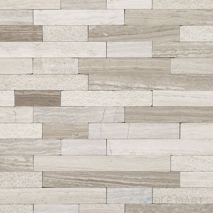 Top-down perspective of the Minute Mosaix Chenille White Random Linear marble and limestone mosaic, featuring its varied linear arrangement and warm neutral shades.
