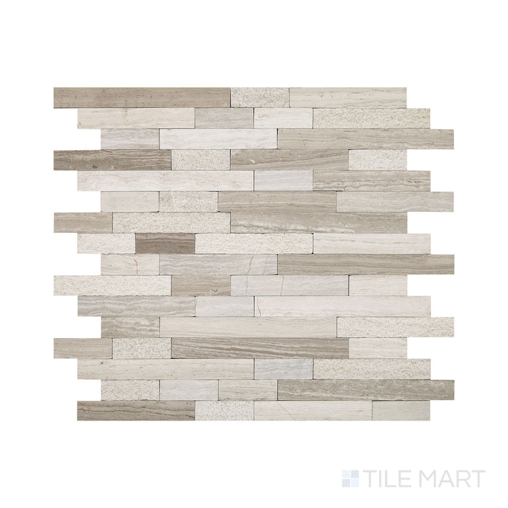 Diagonal view of Minute Mosaix Chenille White random linear marble limestone mosaic, showcasing its soft-toned linear arrangement, natural stone variations, and contemporary aesthetic.  