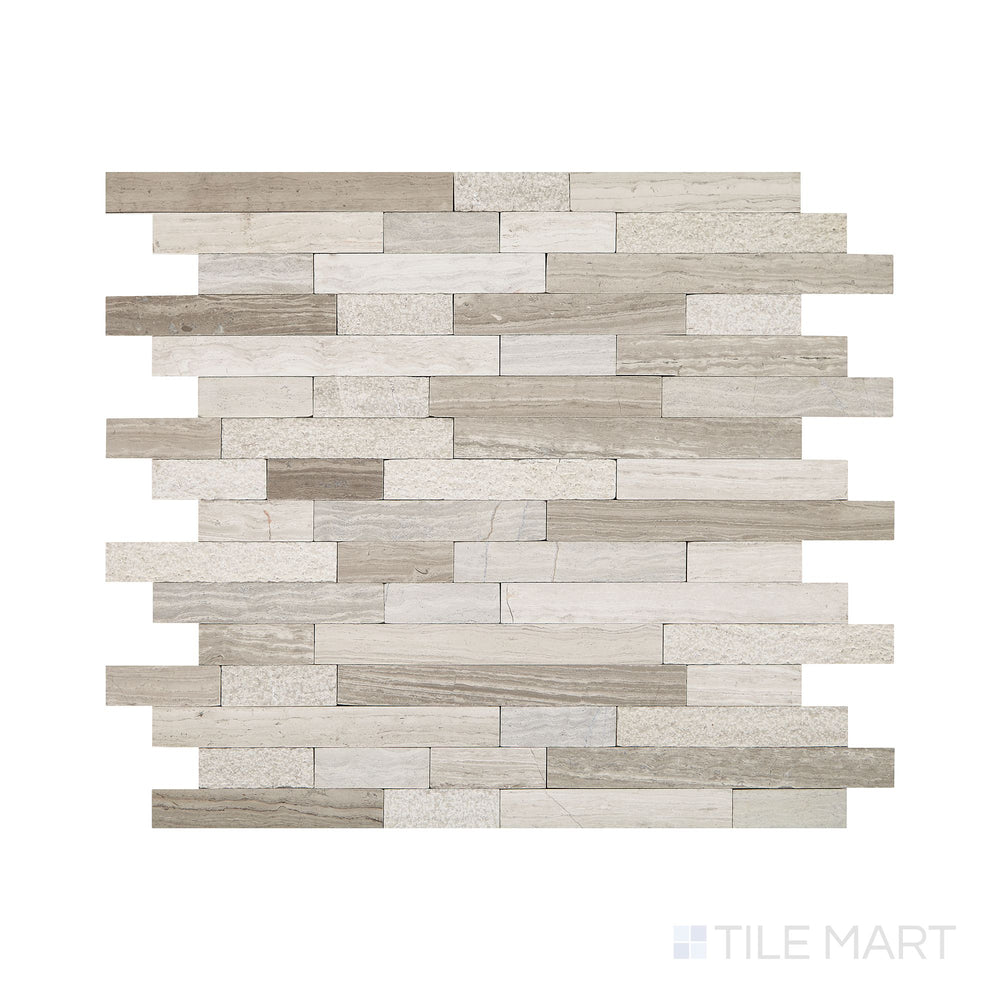 Diagonal view of Minute Mosaix Chenille White random linear marble limestone mosaic, showcasing its soft-toned linear arrangement, natural stone variations, and contemporary aesthetic.  