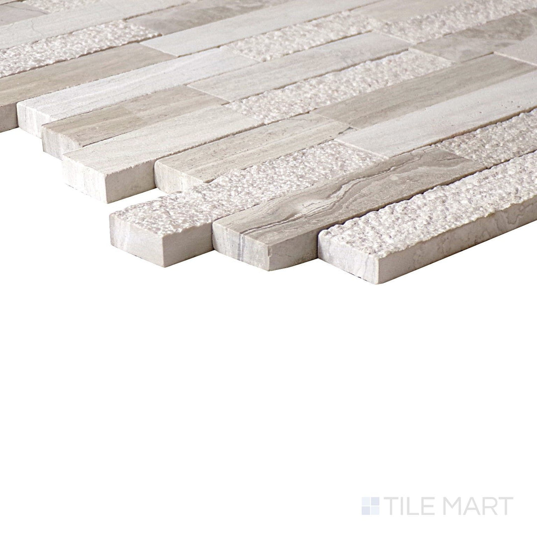 Side perspective of Minute Mosaix Chenille White Random Linear Marble, Limestone Mosaic, capturing its soft white tones with a dynamic linear design.