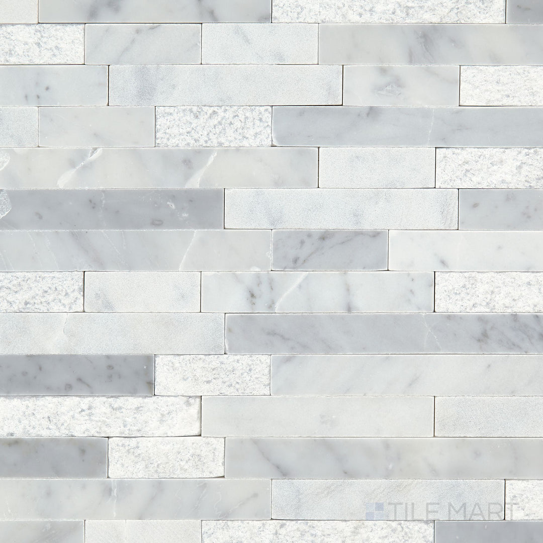 Aerial shot of the Minute Mosaix Carrara White Random Linear marble and limestone mosaic, accentuating its flowing pattern and refined stone details.