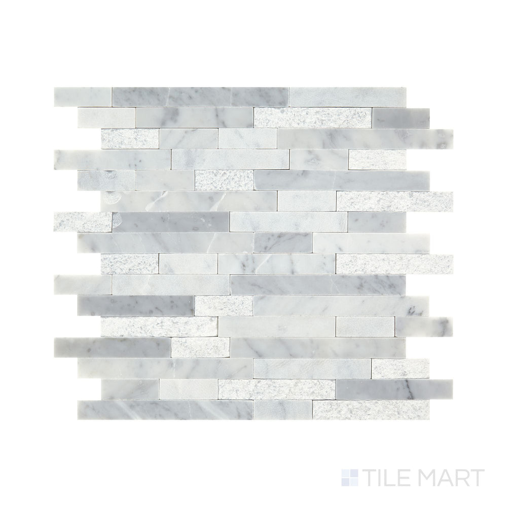 Slanted perspective of Minute Mosaix Carrara White random linear marble limestone mosaic, emphasizing its luxurious white marble veining, linear pattern, and polished limestone finish.  