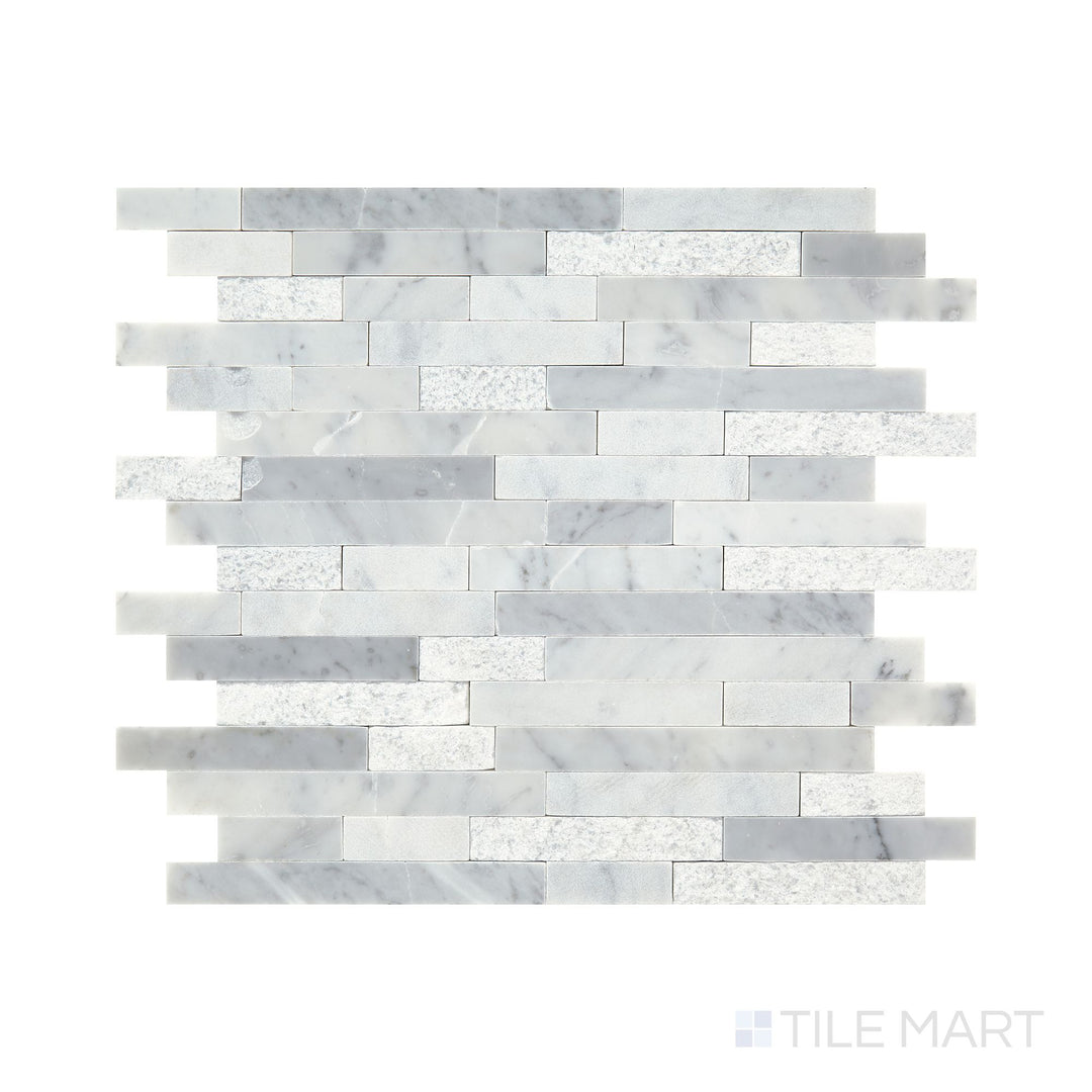 Slanted perspective of Minute Mosaix Carrara White random linear marble limestone mosaic, emphasizing its luxurious white marble veining, linear pattern, and polished limestone finish.  