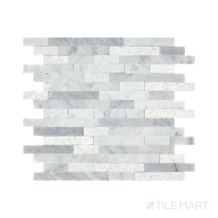 Slanted perspective of Minute Mosaix Carrara White random linear marble limestone mosaic, emphasizing its luxurious white marble veining, linear pattern, and polished limestone finish.  
