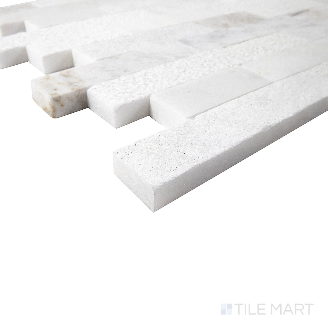 Angled close-up of Minute Mosaix Carrara White Random Linear Marble, Limestone Mosaic, showcasing its elegant Carrara marble veining in a modern linear arrangement.