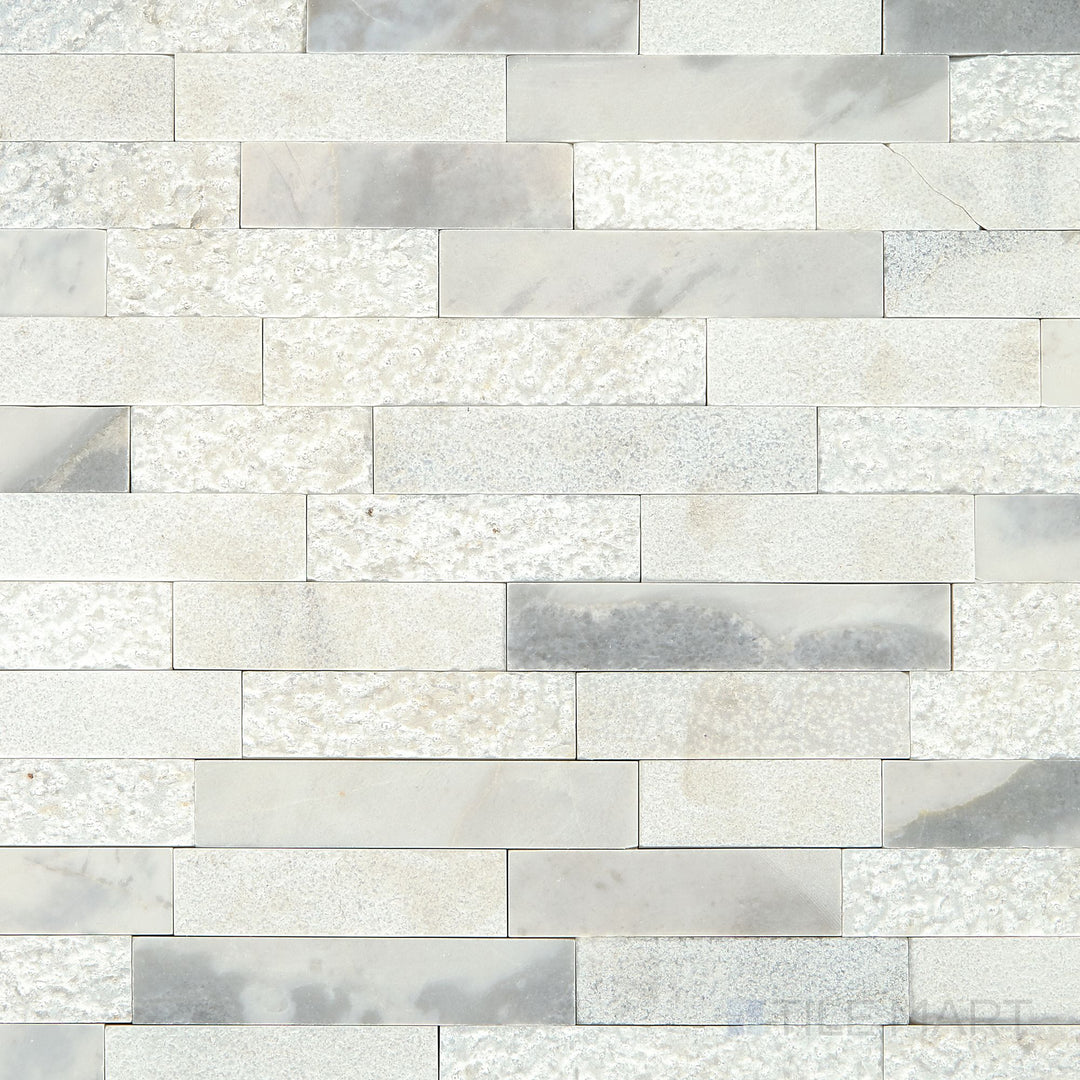 Overhead angle of the Minute Mosaix Stormy Mist Random Linear marble and limestone mosaic, displaying its soft gray hues and unique stone variations.
