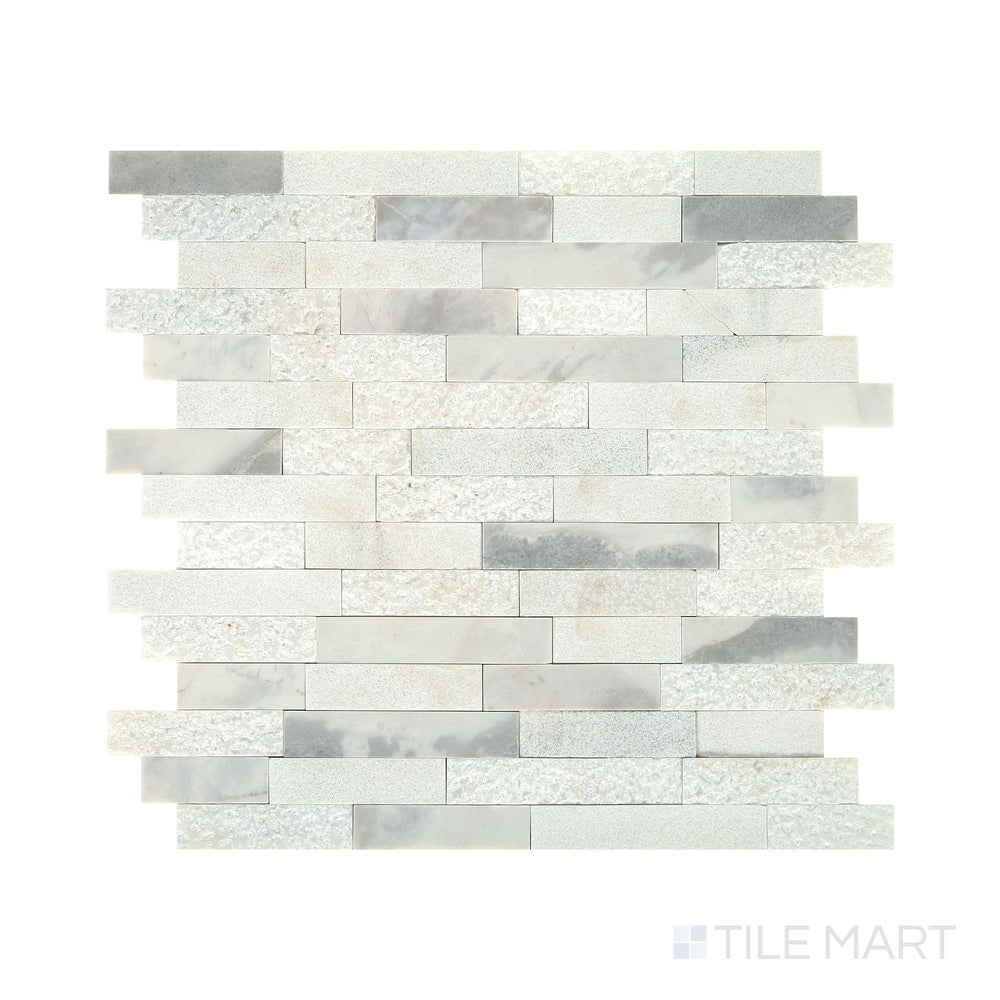 Angled shot of Minute Mosaix Stormy Mist random linear marble limestone mosaic, featuring rich gray hues, a dynamic linear design, and a sleek limestone texture.  