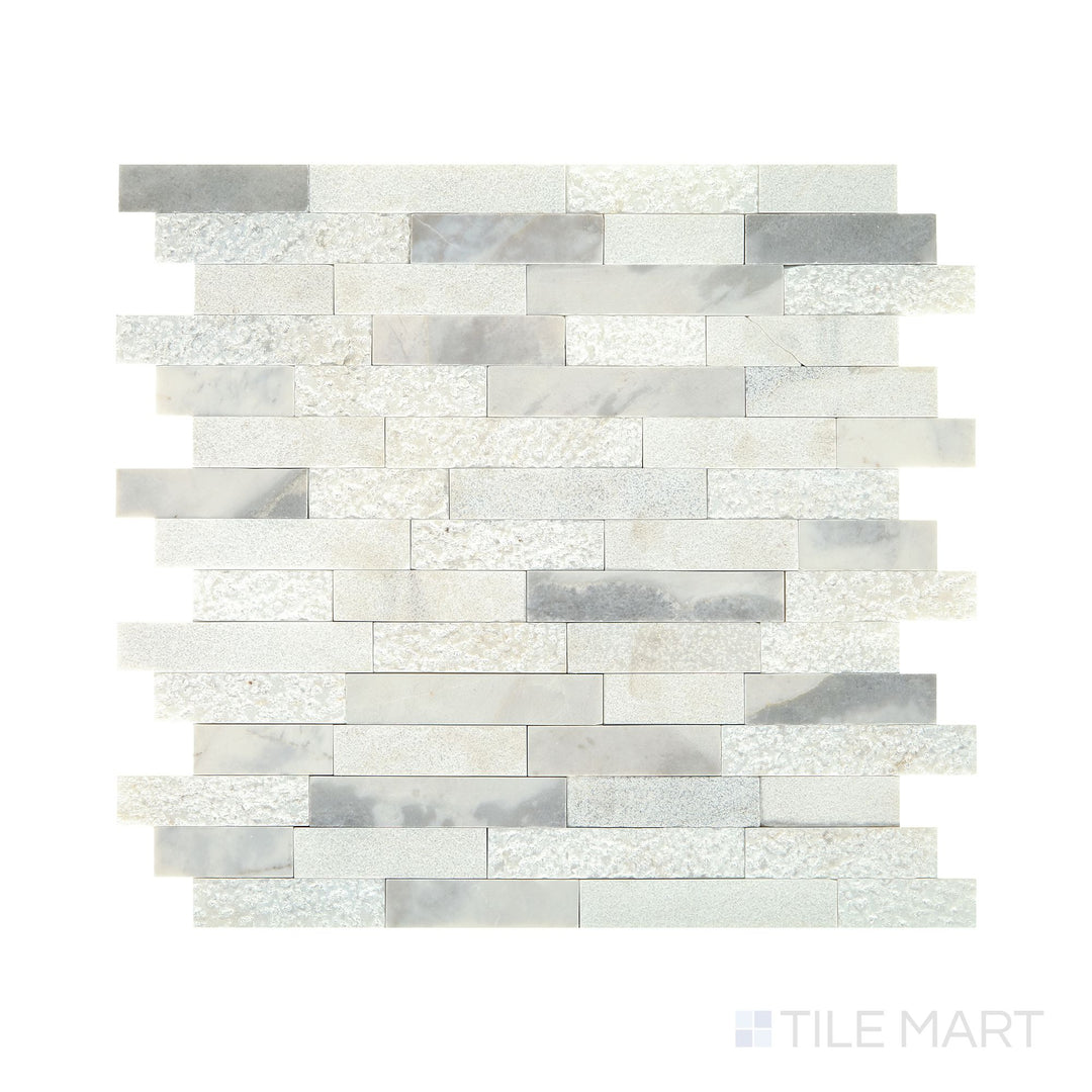 Angled shot of Minute Mosaix Stormy Mist random linear marble limestone mosaic, featuring rich gray hues, a dynamic linear design, and a sleek limestone texture.  