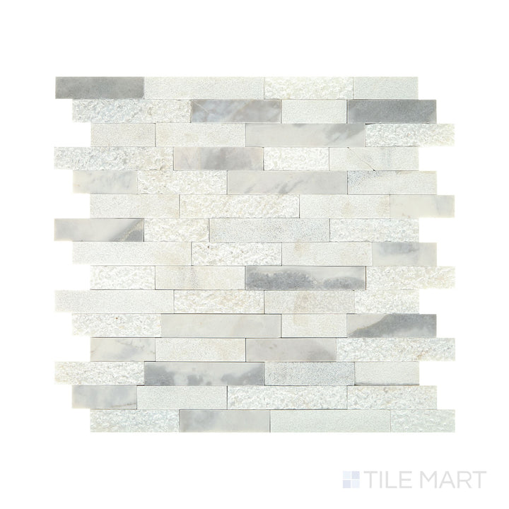 Angled shot of Minute Mosaix Stormy Mist random linear marble limestone mosaic, featuring rich gray hues, a dynamic linear design, and a sleek limestone texture.  