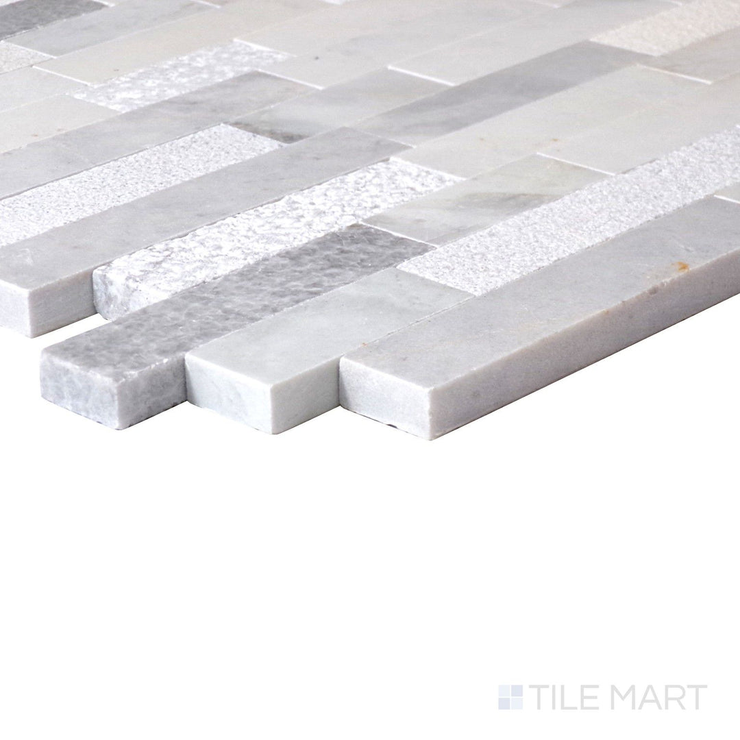 Corner-focused shot of Minute Mosaix Stormy Mist Random Linear Marble, Limestone Mosaic, highlighting its moody gray shades with a striking linear mosaic layout.