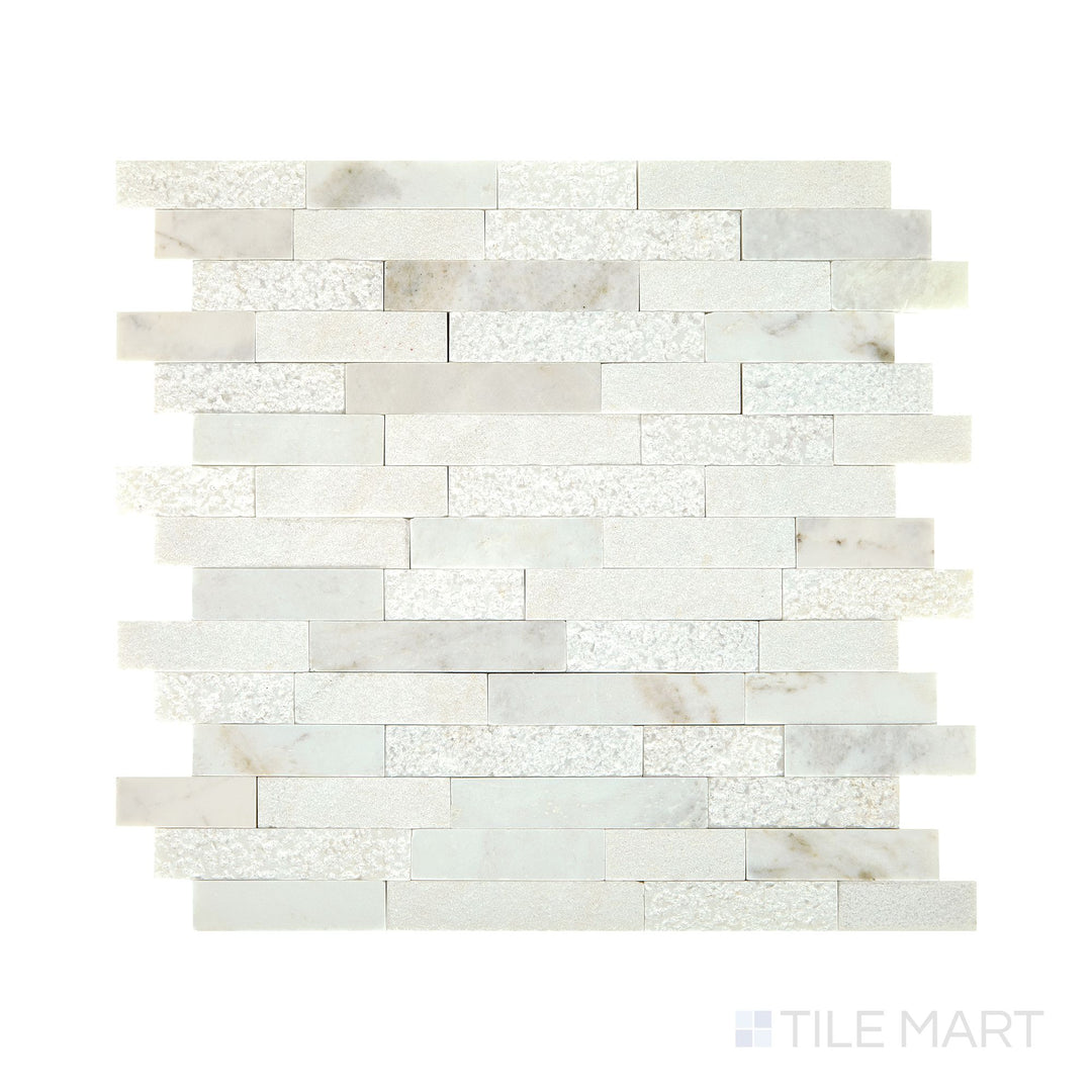 Diagonal view of Minute Mosaix Daphne White random linear marble limestone mosaic, showcasing its soft white base, subtle linear pattern, and smooth limestone finish.  