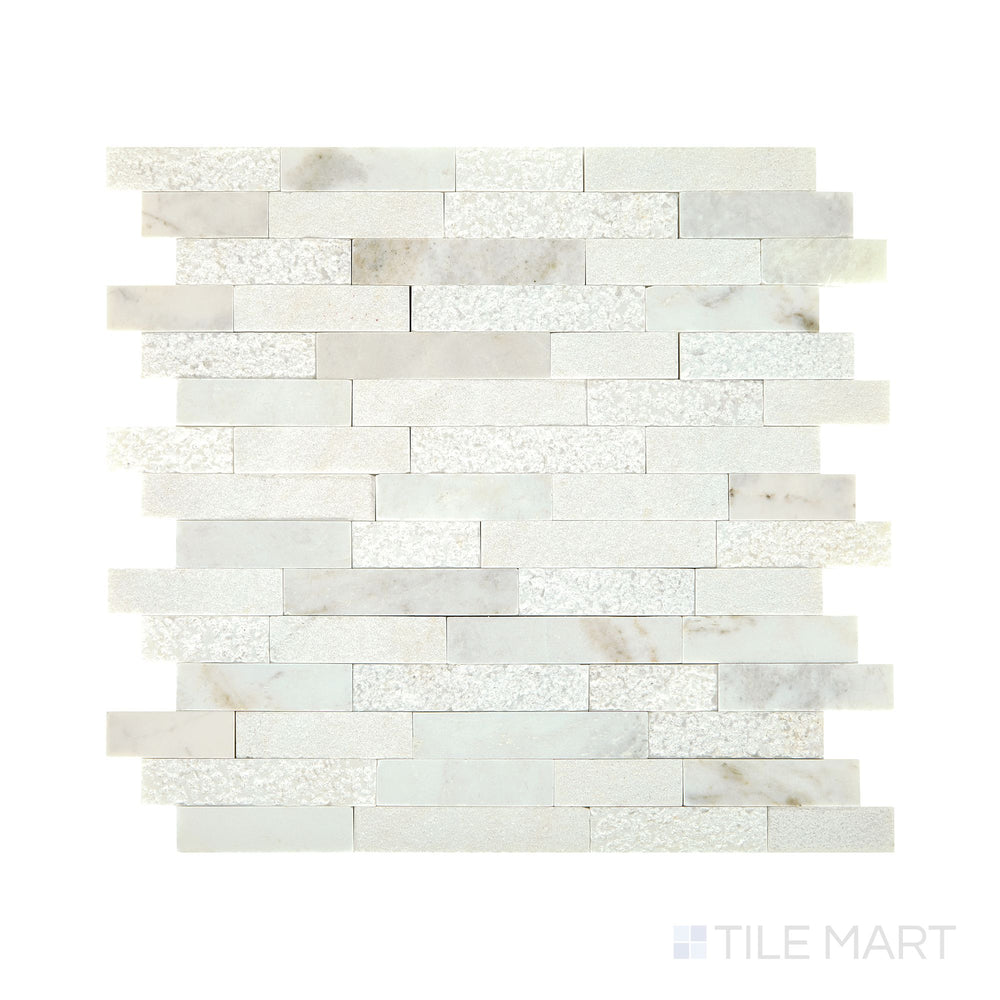 Diagonal view of Minute Mosaix Daphne White random linear marble limestone mosaic, showcasing its soft white base, subtle linear pattern, and smooth limestone finish.  