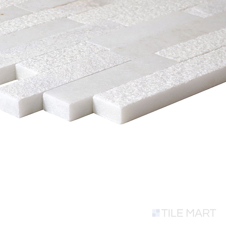 Close-up corner shot of Minute Mosaix Daphne White Random Linear Marble, Limestone Mosaic, featuring its crisp white hues in a unique linear arrangement.