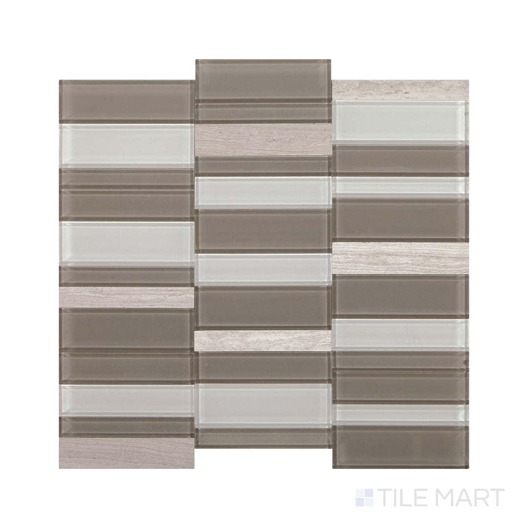 Angled shot of Simplystick Mosaix Chenille White and glass blend honed marble limestone mosaic, featuring a soft white base, shimmering glass accents, and a refined honed finish.  