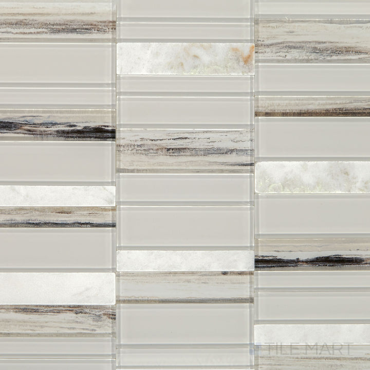 Overhead shot of the Simplystick Mosaix Daphne White And Glass Blend Polished marble and limestone mosaic, showcasing its luminous surface and refined color variations.