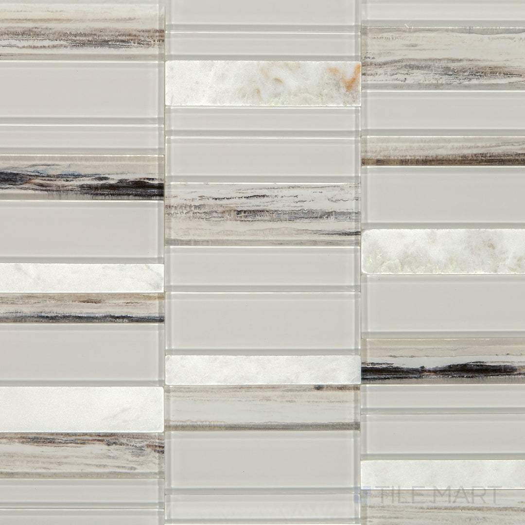 Overhead shot of the Simplystick Mosaix Daphne White And Glass Blend Polished marble and limestone mosaic, showcasing its luminous surface and refined color variations.