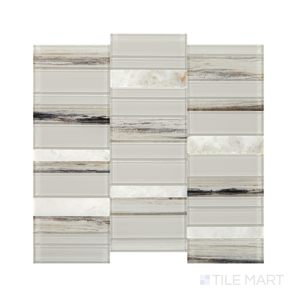 Diagonal view of Simplystick Mosaix Daphne White and glass blend polished marble limestone mosaic, showcasing bright white marble tones, glossy glass elements, and a high-polish sheen.  