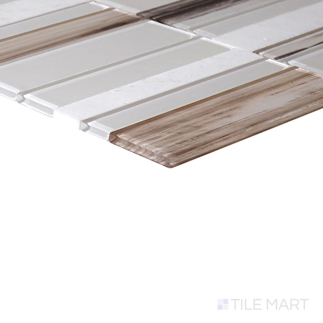 Side perspective of Simplystick Mosaix Daphne White and Glass Blend Polished Marble, Limestone Mosaic, capturing its refined white marble with a glossy, polished finish.