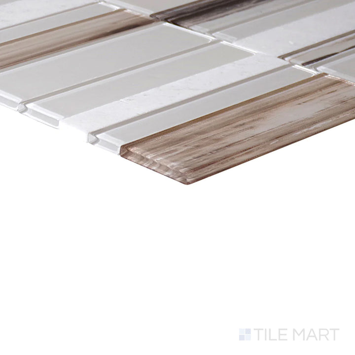 Side perspective of Simplystick Mosaix Daphne White and Glass Blend Polished Marble, Limestone Mosaic, capturing its refined white marble with a glossy, polished finish.