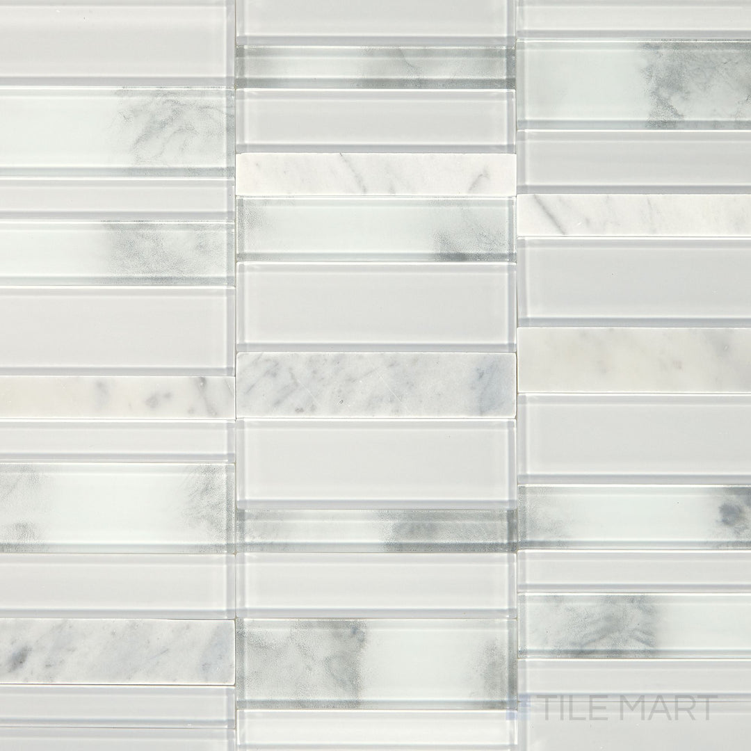 Flat-lay image of the Simplystick Mosaix Stormy Mist And Glass Blend Polished marble and limestone mosaic, featuring its misty tones and shimmering glass elements.