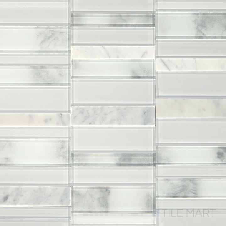 Flat-lay image of the Simplystick Mosaix Stormy Mist And Glass Blend Polished marble and limestone mosaic, featuring its misty tones and shimmering glass elements.