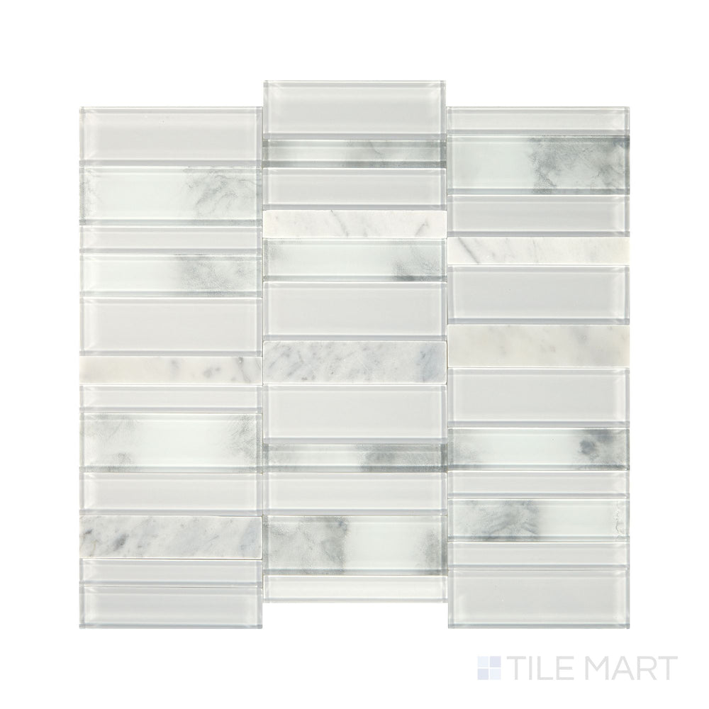 Slanted perspective of Simplystick Mosaix Stormy Mist and glass blend polished marble limestone mosaic, emphasizing its deep gray tones, elegant glass details, and reflective polished surface.  