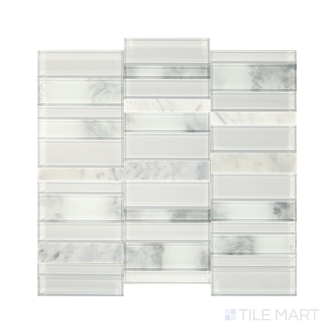 Slanted perspective of Simplystick Mosaix Stormy Mist and glass blend polished marble limestone mosaic, emphasizing its deep gray tones, elegant glass details, and reflective polished surface.  