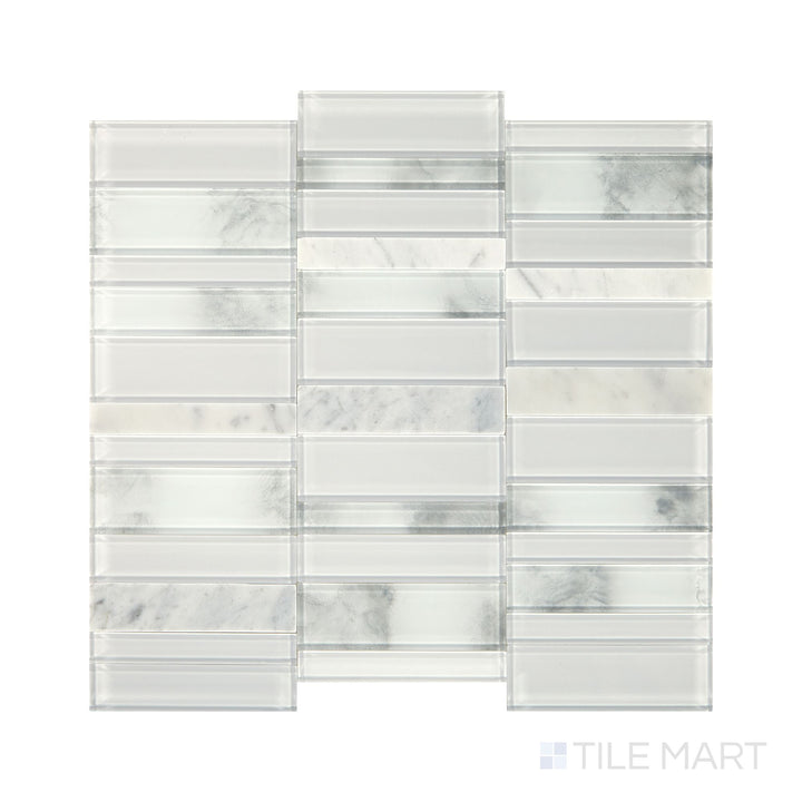 Slanted perspective of Simplystick Mosaix Stormy Mist and glass blend polished marble limestone mosaic, emphasizing its deep gray tones, elegant glass details, and reflective polished surface.  