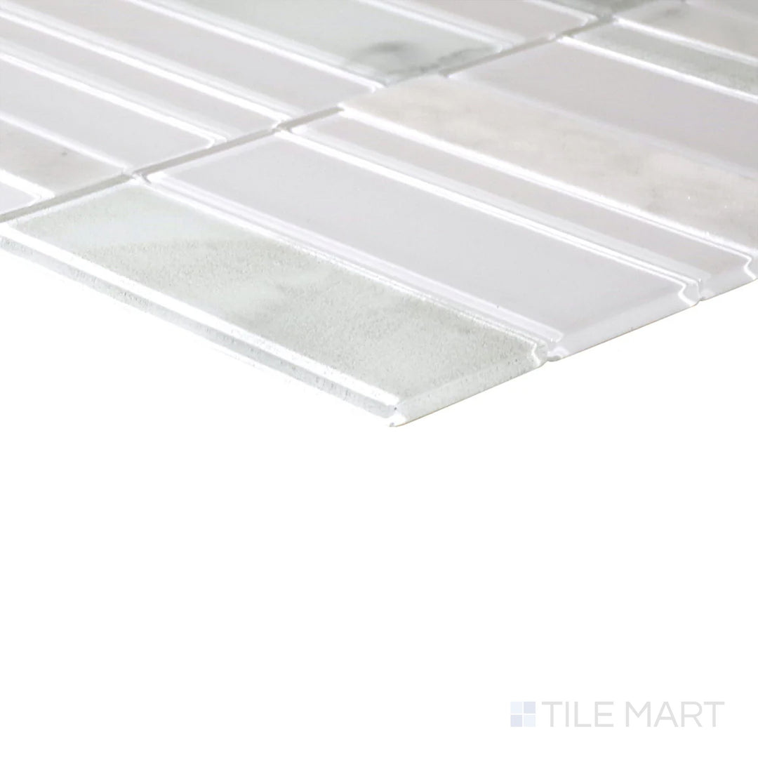 Angled close-up of Simplystick Mosaix Stormy Mist and Glass Blend Polished Marble, Limestone Mosaic, showcasing its bold gray tones with shimmering glass highlights.