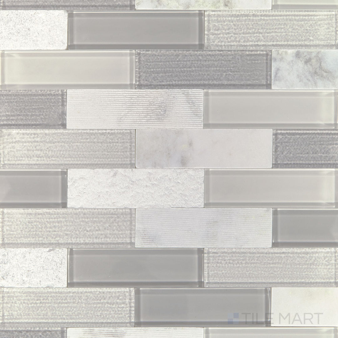Direct overhead view of the Simplystick Mosaix Daphne White And Glass Blend Honed And Polished marble and limestone mosaic, emphasizing its luxurious contrast between matte and polished textures.