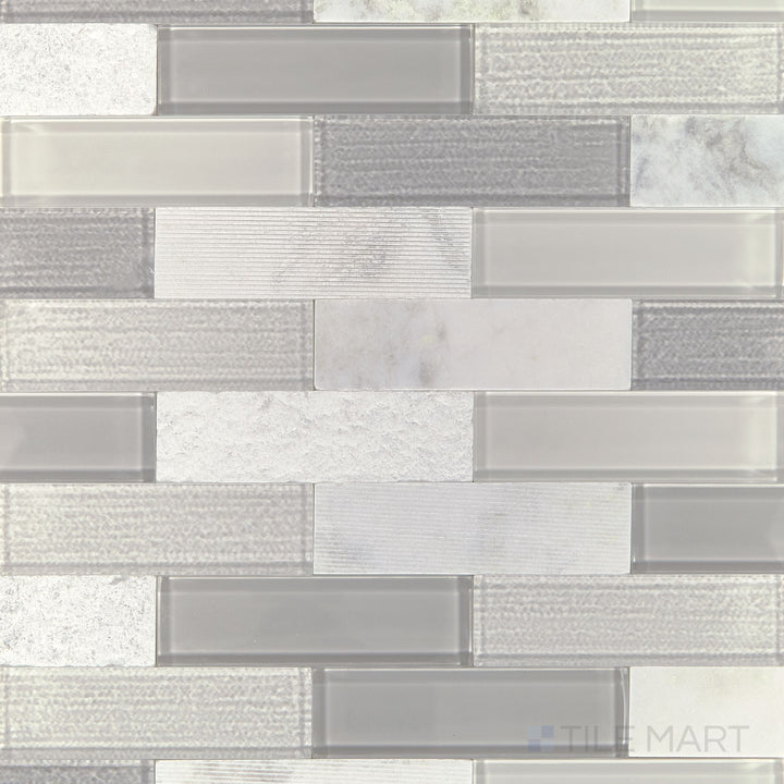 Direct overhead view of the Simplystick Mosaix Daphne White And Glass Blend Honed And Polished marble and limestone mosaic, emphasizing its luxurious contrast between matte and polished textures.