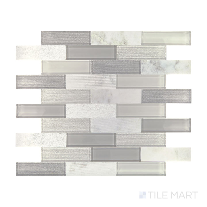 Angled shot of Simplystick Mosaix Daphne White and glass blend honed and polished marble limestone mosaic, featuring a mix of soft matte and glossy surfaces, subtle white hues, and intricate detailing.  