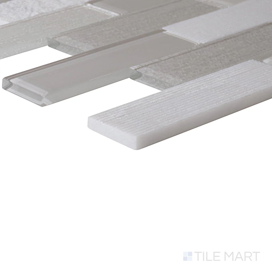 Corner-focused shot of Simplystick Mosaix Daphne White and Glass Blend Honed and Polished Marble, Limestone Mosaic, highlighting its balanced honed and glossy textures.