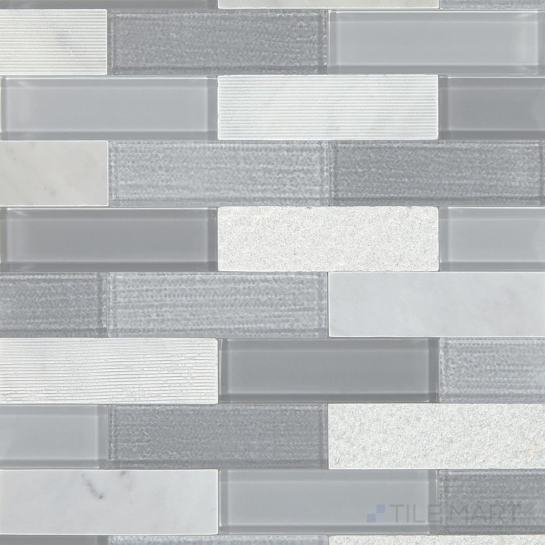 Top-down perspective of the Simplystick Mosaix Stormy Mist And Glass Blend Honed And Polished marble and limestone mosaic, showcasing its dynamic interplay of finishes.