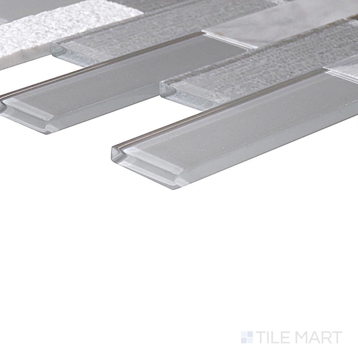 Close-up corner shot of Simplystick Mosaix Stormy Mist and Glass Blend Honed and Polished Marble, Limestone Mosaic, featuring its dramatic gray shades with mixed finishes.