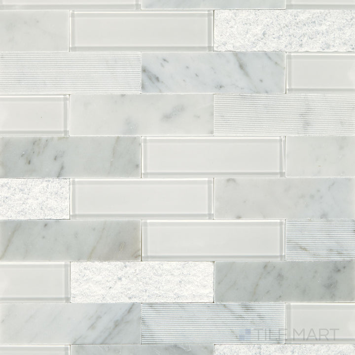 Aerial shot of the Simplystick Mosaix Carrara White And Glass Blend Honed And Polished marble and limestone mosaic, accentuating its classic Carrara veining with a modern glass blend.