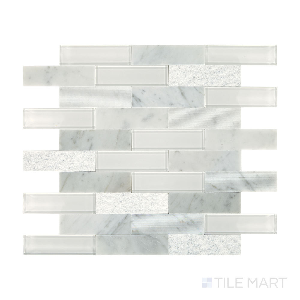 Slanted perspective of Simplystick Mosaix Carrara White and glass blend honed and polished marble limestone mosaic, emphasizing classic Carrara veining, a mix of matte and glossy finishes, and a sophisticated aesthetic.  