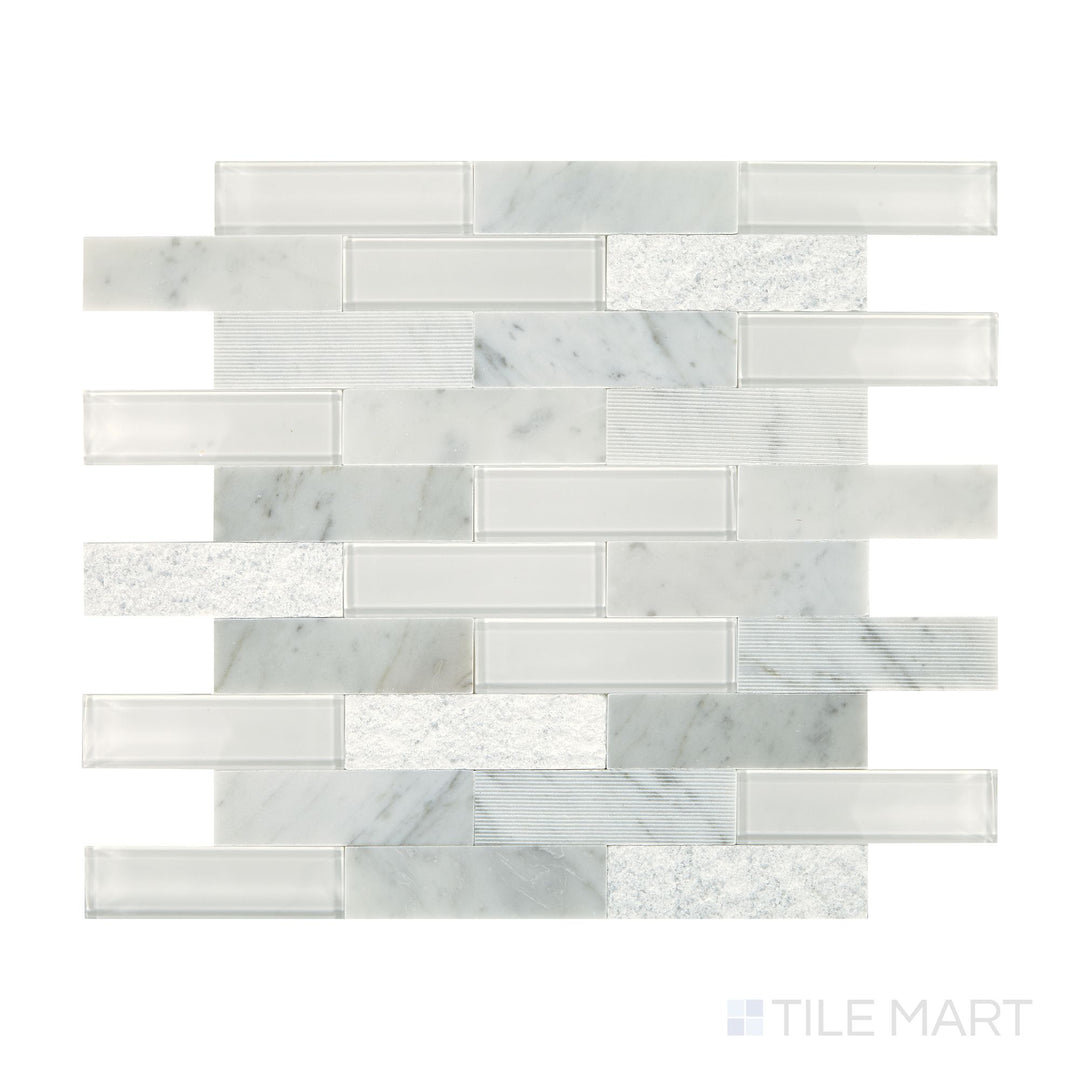 Slanted perspective of Simplystick Mosaix Carrara White and glass blend honed and polished marble limestone mosaic, emphasizing classic Carrara veining, a mix of matte and glossy finishes, and a sophisticated aesthetic.  