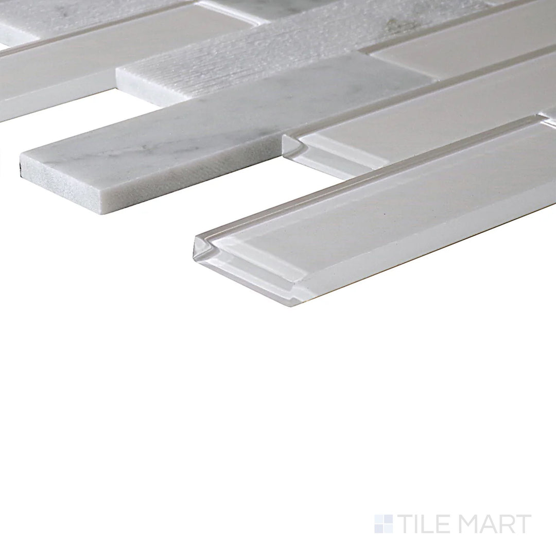 Corner angle of Simplystick Mosaix Carrara White and Glass Blend Honed and Polished Marble, Limestone Mosaic, emphasizing its classic Carrara marble with a mix of honed and polished textures.