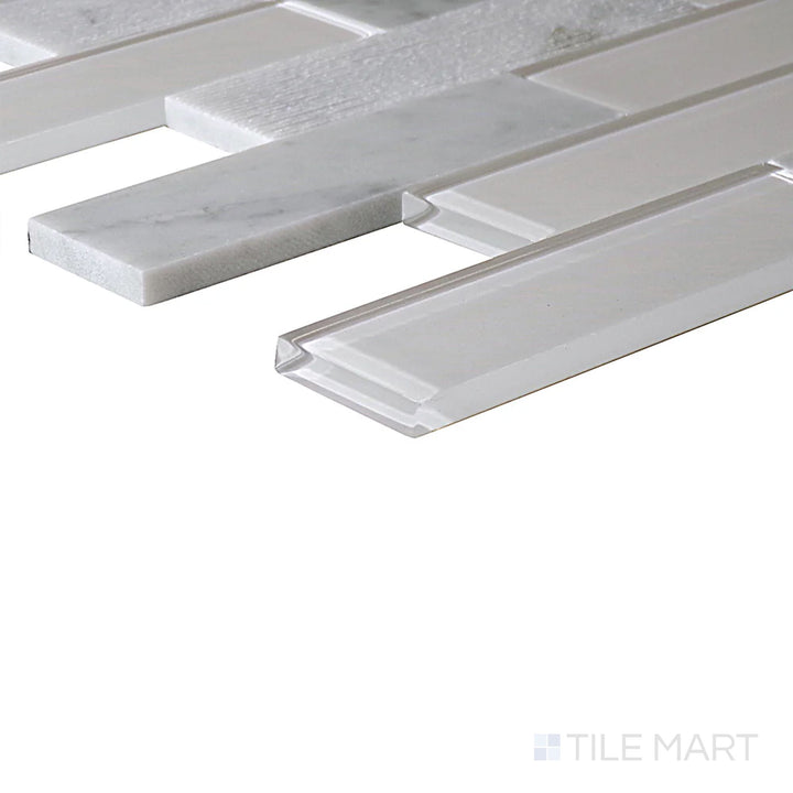 Corner angle of Simplystick Mosaix Carrara White and Glass Blend Honed and Polished Marble, Limestone Mosaic, emphasizing its classic Carrara marble with a mix of honed and polished textures.