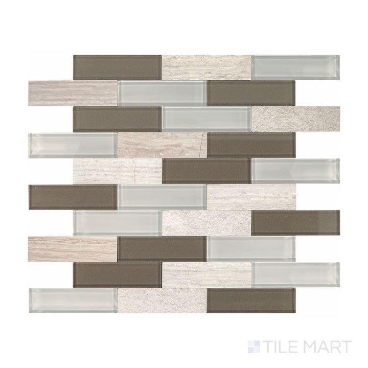 Angled shot of Simplystick Mosaix Chenille White and glass blend honed and polished marble limestone mosaic, featuring soft white marble tones, shimmering glass accents, and a combination of honed and polished textures.  