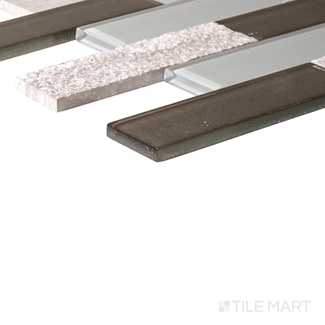 Side perspective of Simplystick Mosaix Chenille White and Glass Blend Honed and Polished Marble, Limestone Mosaic, capturing its soft white color with a mix of honed and glossy glass accents.