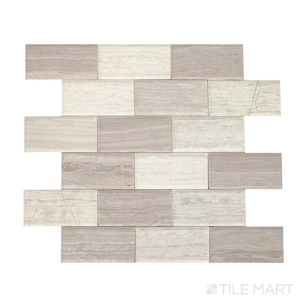 Diagonal view of Simplystick Mosaix Chenille White honed marble limestone mosaic, showcasing smooth white tones, a soft honed finish, and natural limestone details.  