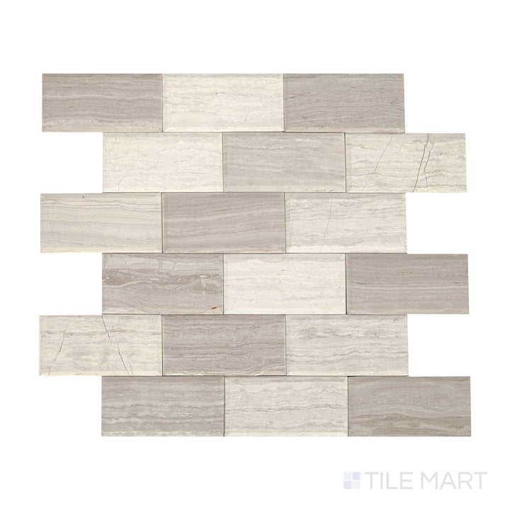 Diagonal view of Simplystick Mosaix Chenille White honed marble limestone mosaic, showcasing smooth white tones, a soft honed finish, and natural limestone details.  