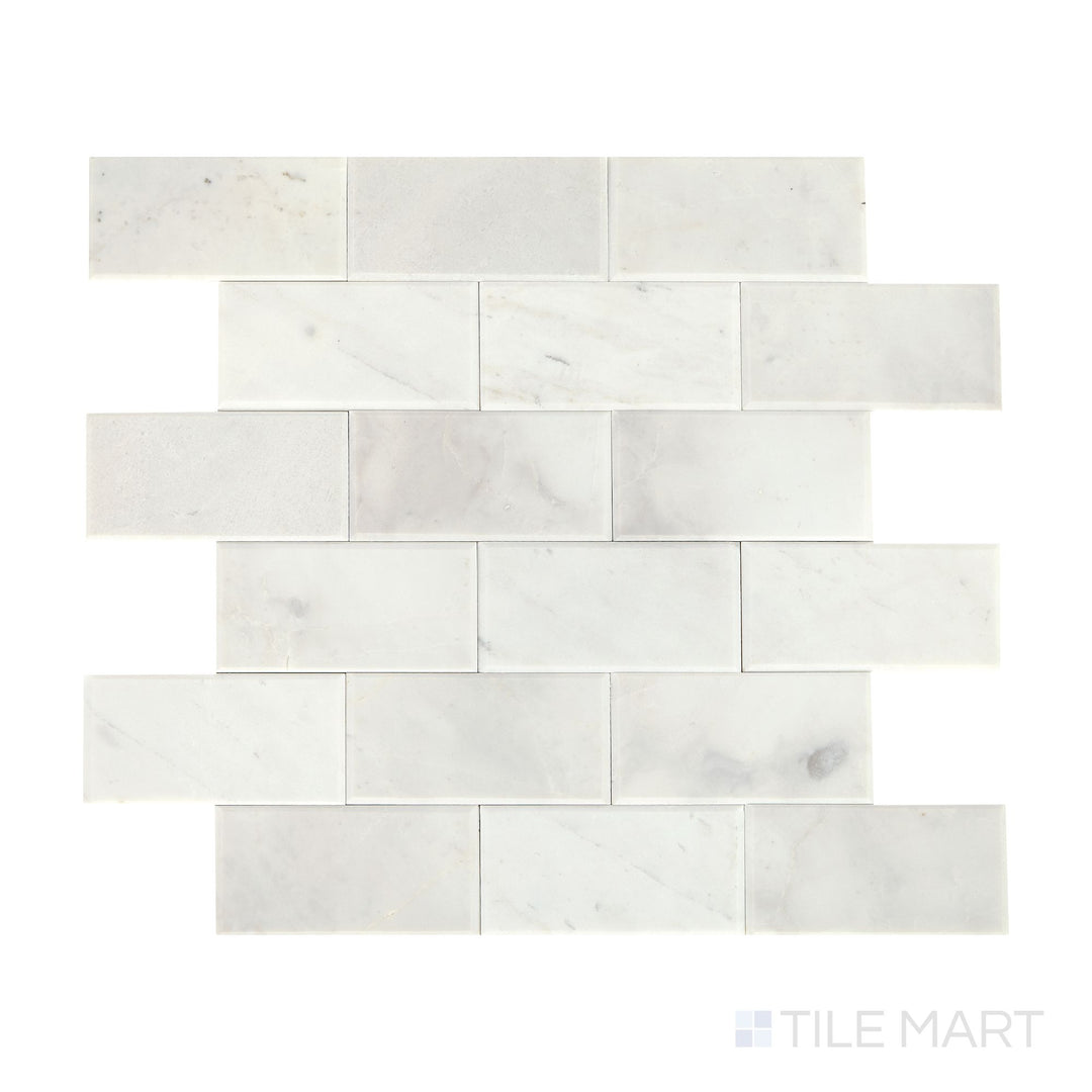 Slanted perspective of Simplystick Mosaix Stormy Mist honed marble limestone mosaic, emphasizing its deep gray hues, refined honed surface, and structured design.  